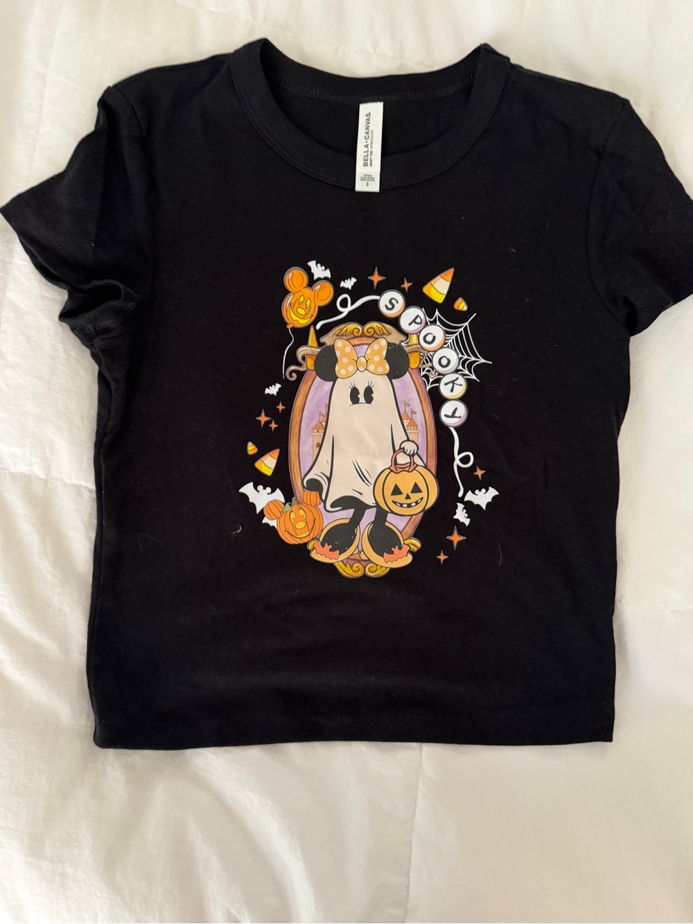 Women’s Black Halloween Disney Ghost Costume Tee with Orange Pumpkin Graphic Sma